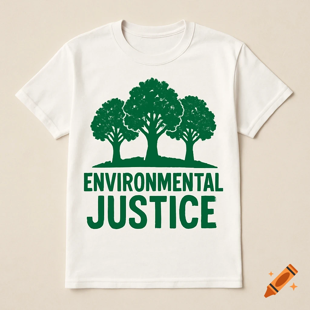 A white t-shirt features a green graphic of three trees above the words ENVIRONMENTAL JUSTICE.