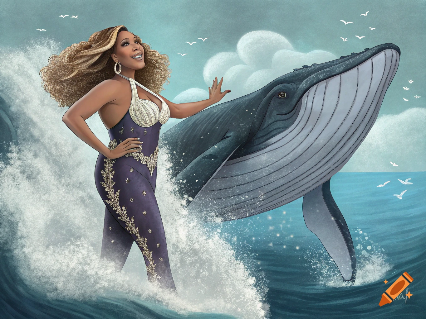 Digital painting of a person with a whale body in the ocean with waves and birds.