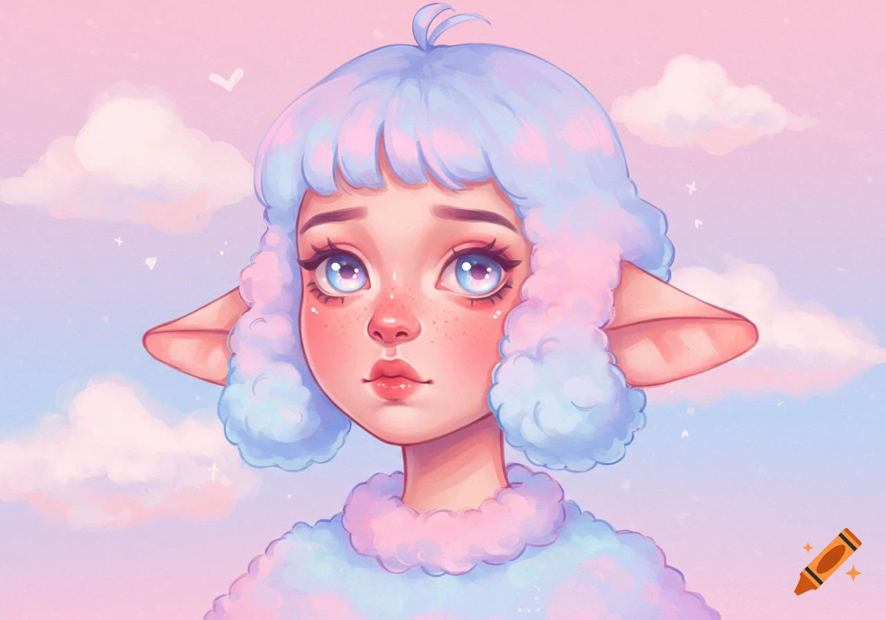 Portrait of a fantasy character with pastel hair and pointed ears against a cloudy sky, cute art style.