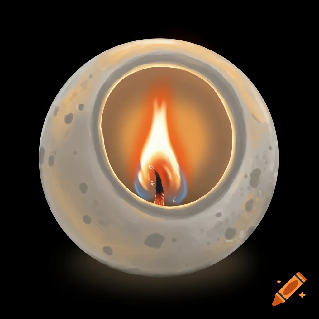 A flame burns inside a translucent spherical object with a textured surface.