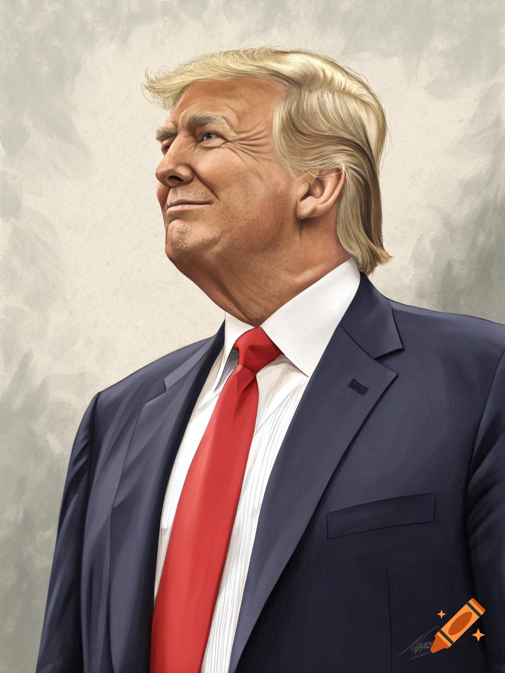 Portrait illustration of Donald Trump in a suit and red tie, smiling and looking up.