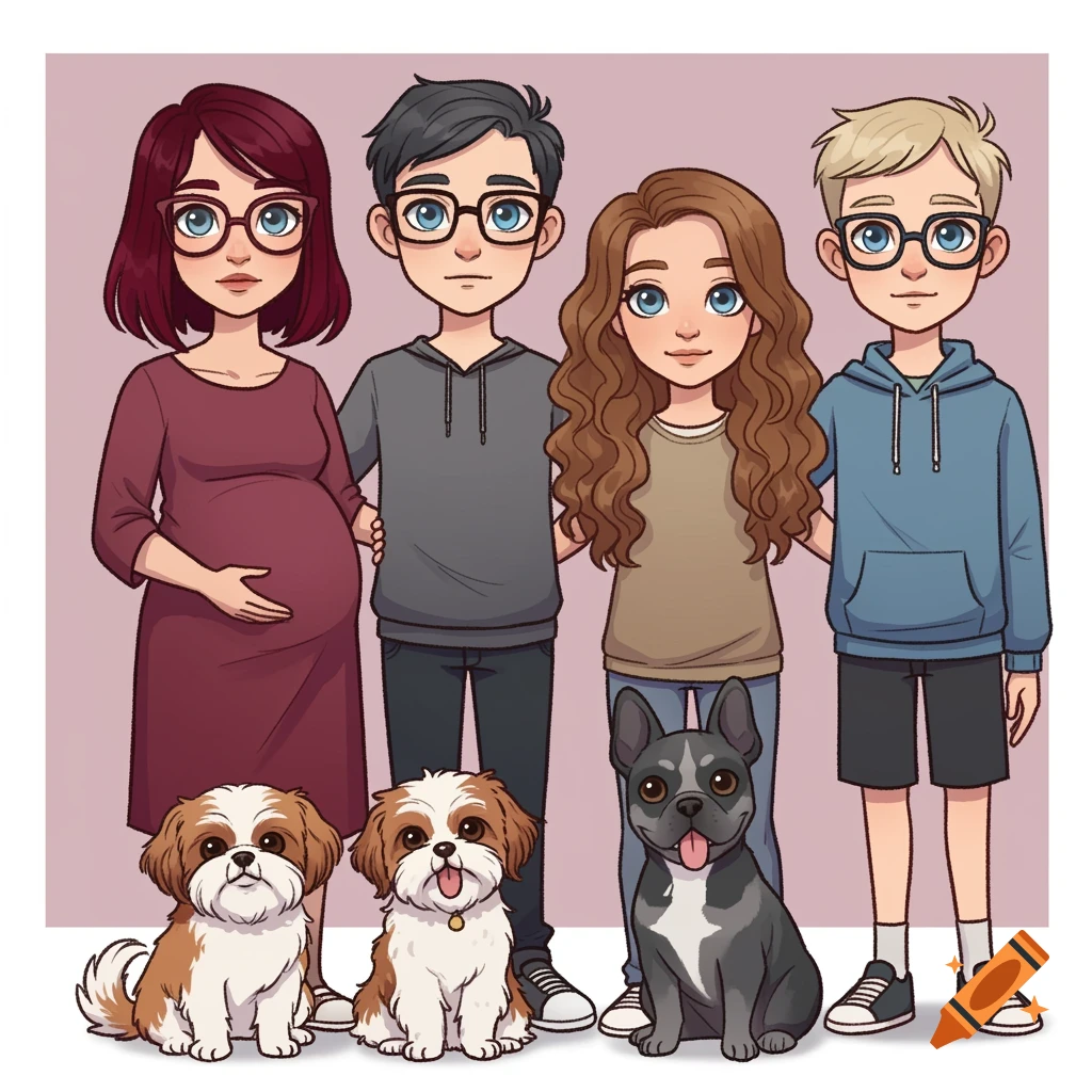 A cartoon family portrait featuring parents, children, and three dogs. One parent is pregnant.