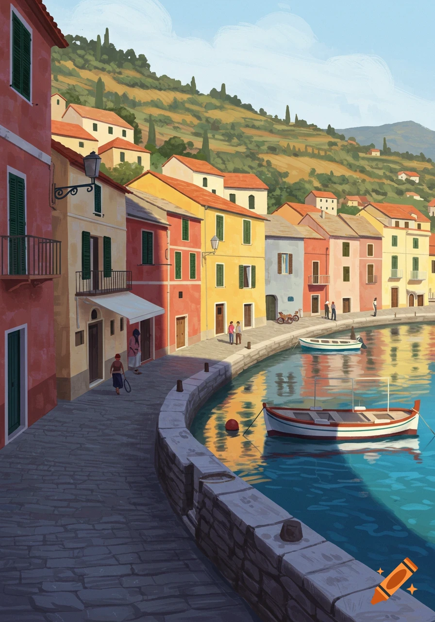 Colorful painted village along a bay with boats and people