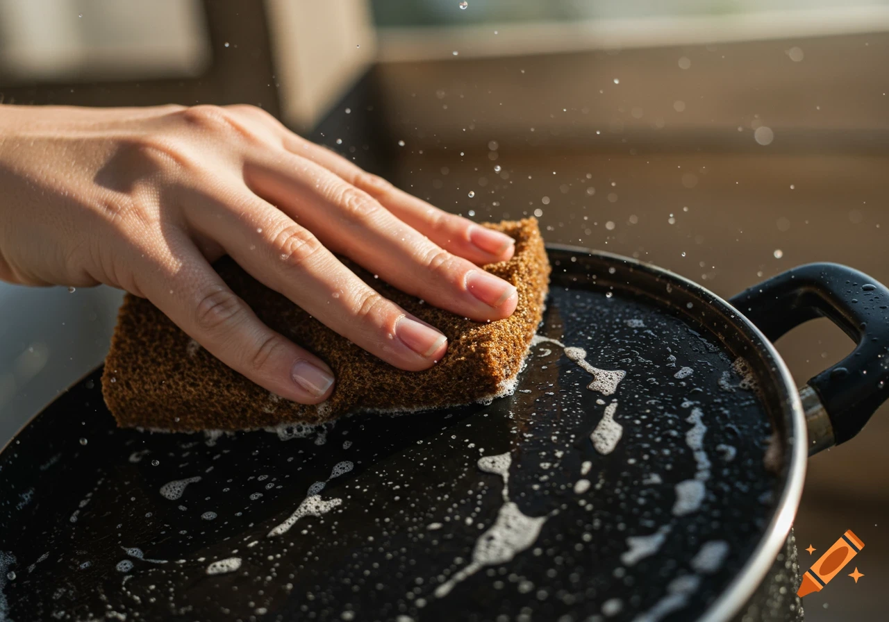 Manicured hand scrubs a dirty pot with a sponge, splashing water and soap.