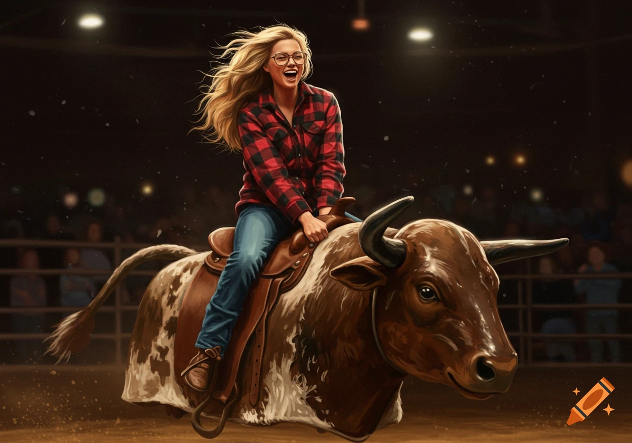 Blonde woman in flannel and glasses riding a mechanical bull in an arena