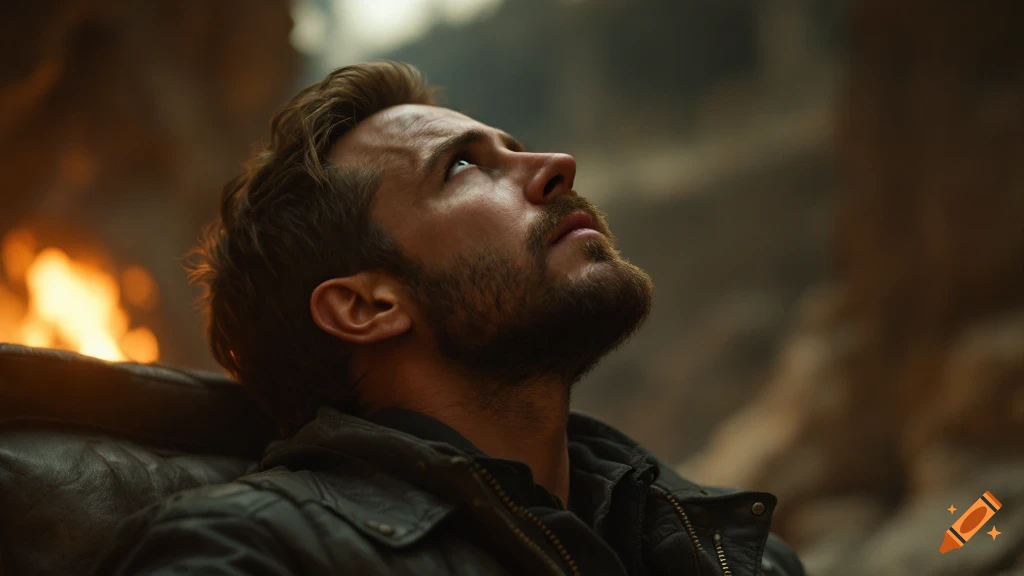 Dramatic close-up portrait of a man looking up, with fire in the background.