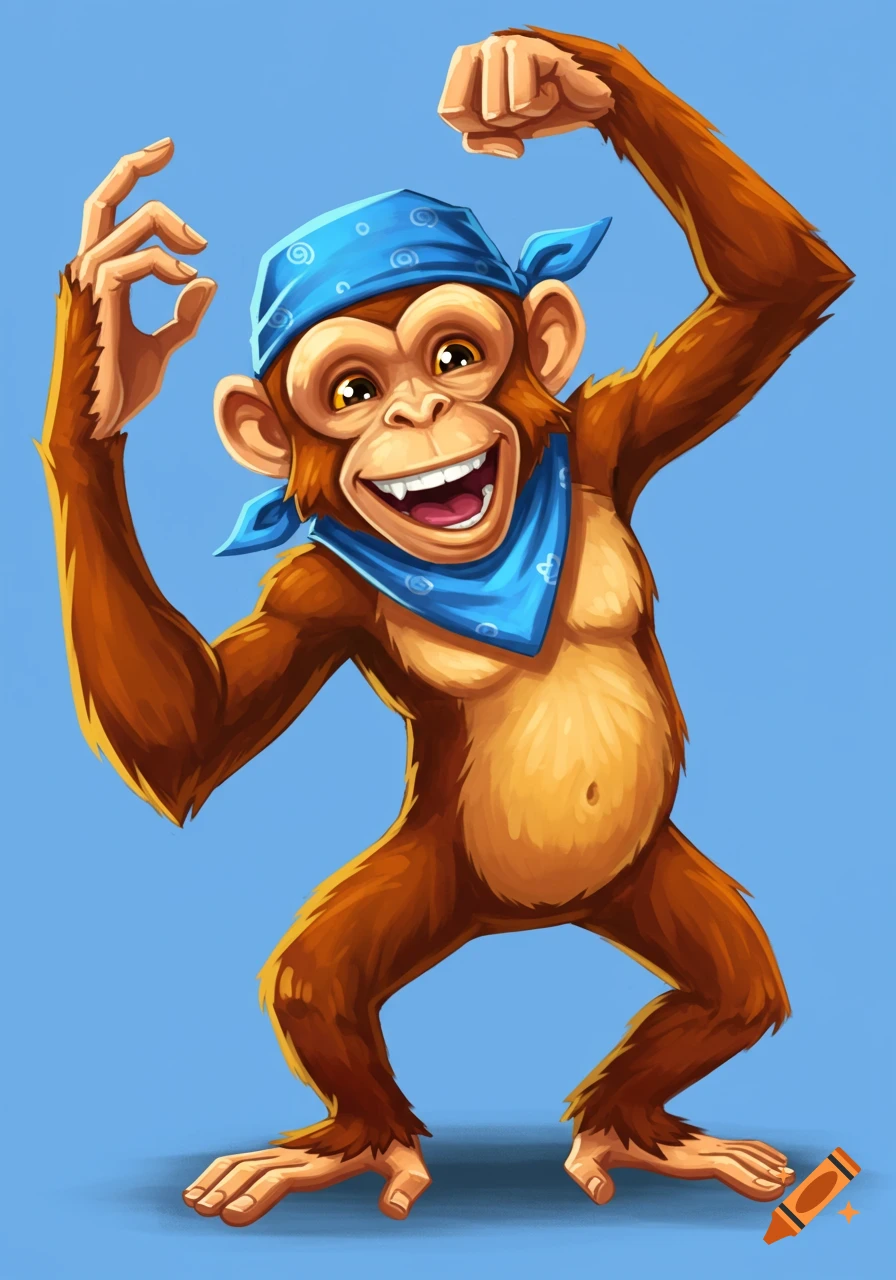 Cartoon illustration of a monkey wearing a blue bandana, dancing and making an okay sign with its hand.