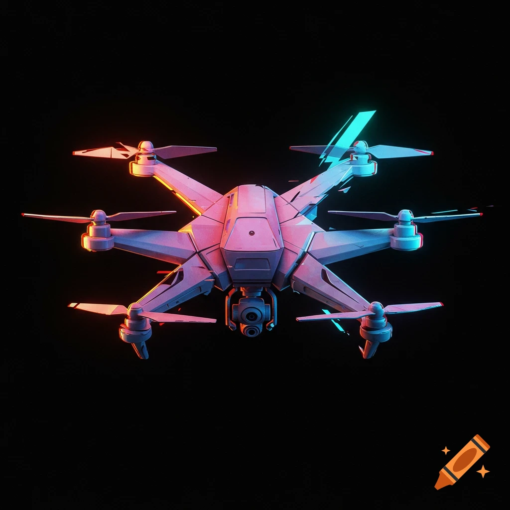 Futuristic drone lit by purple and teal light against a black background