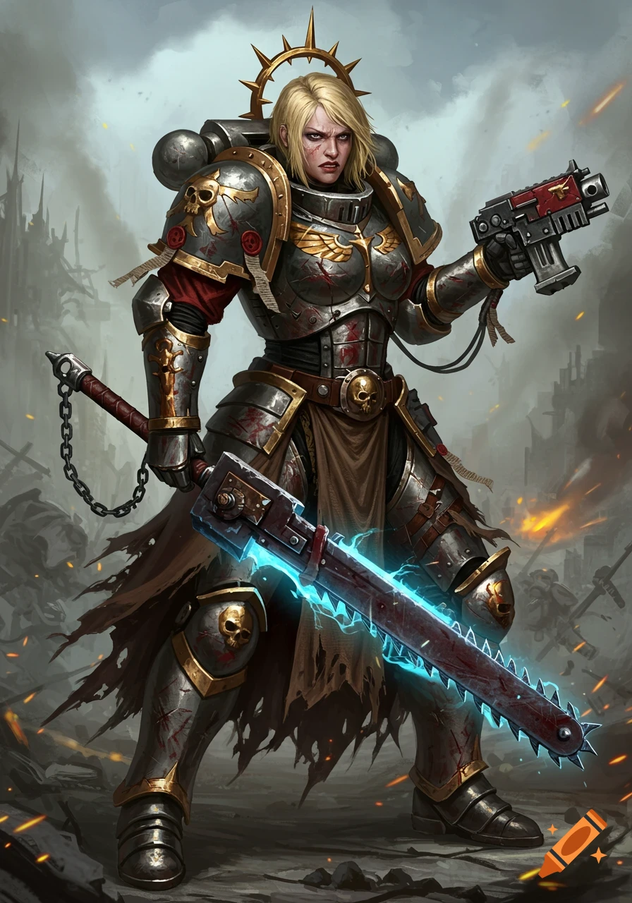 Blonde female warrior in futuristic armor holds a glowing chainsword and pistol in a ruined city.