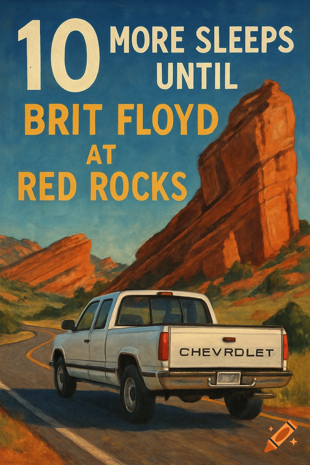 Oil painting of a white pickup truck on a road leading to Red Rocks, with large text overlay advertising Brit Floyd.