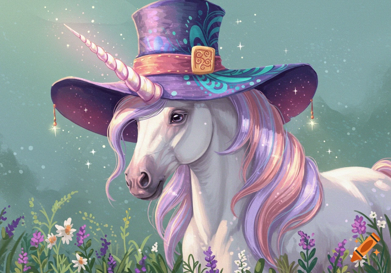 A fantasy illustration of a white unicorn wearing a large purple top hat with swirling patterns and sparkles, standing in a field of flowers.