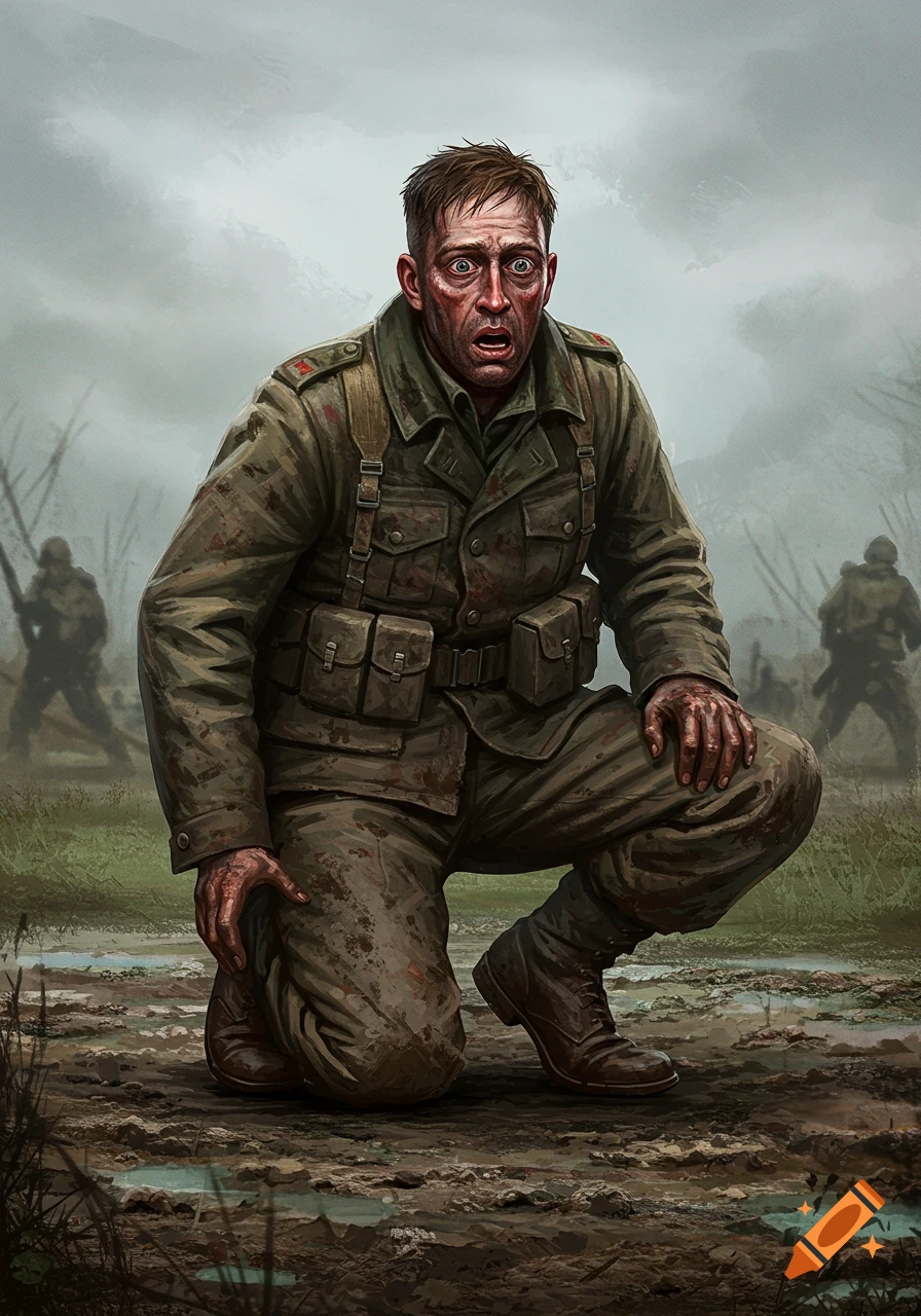 Digital painting of a scared soldier kneeling in mud during wartime.