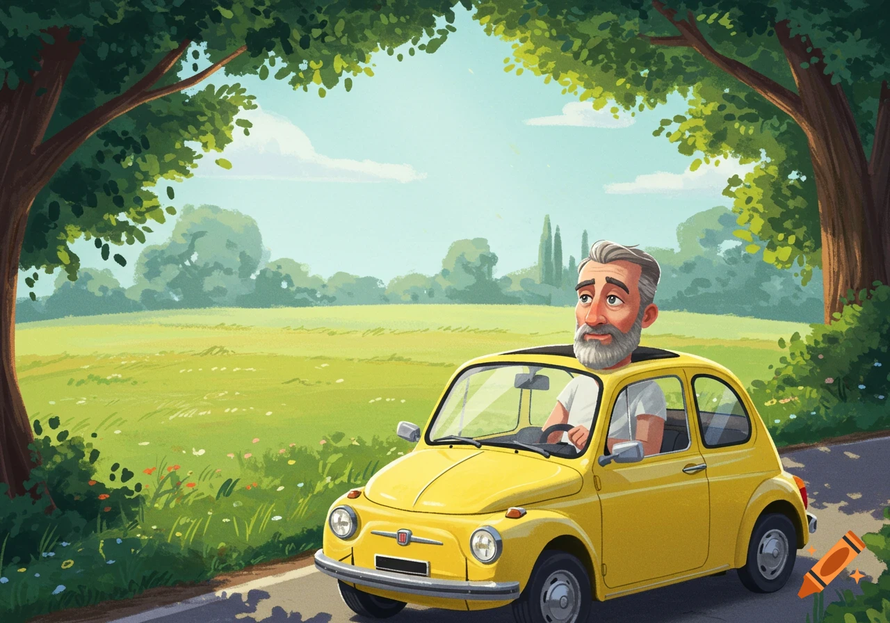 Illustration of a man driving a yellow car through a sunny green landscape.