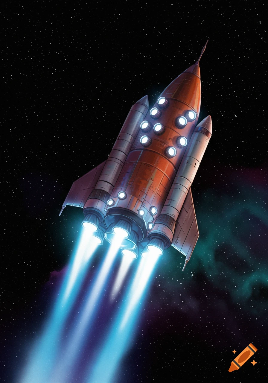Cartoon rocket with glowing windows flying through starry space.