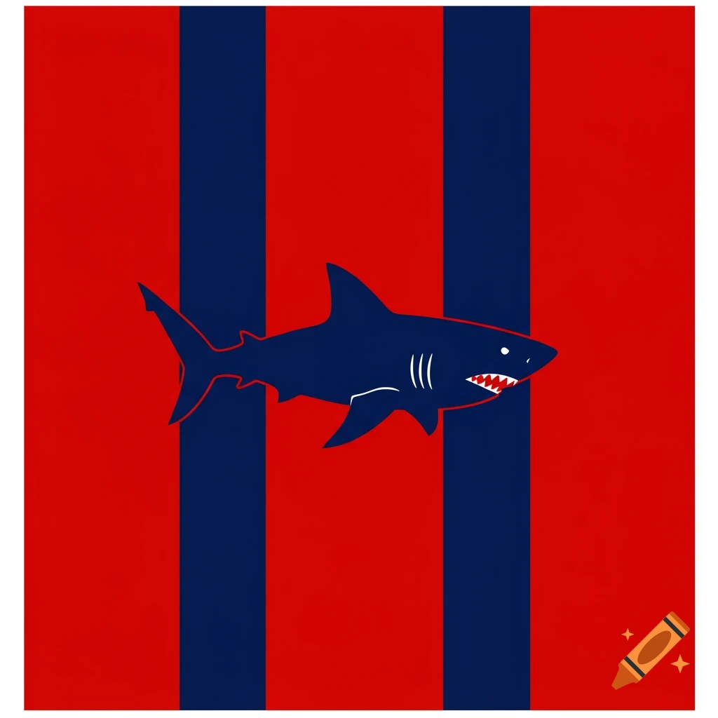 A dark blue shark silhouette with white teeth and gills is centered on a background of alternating red and navy blue vertical stripes.