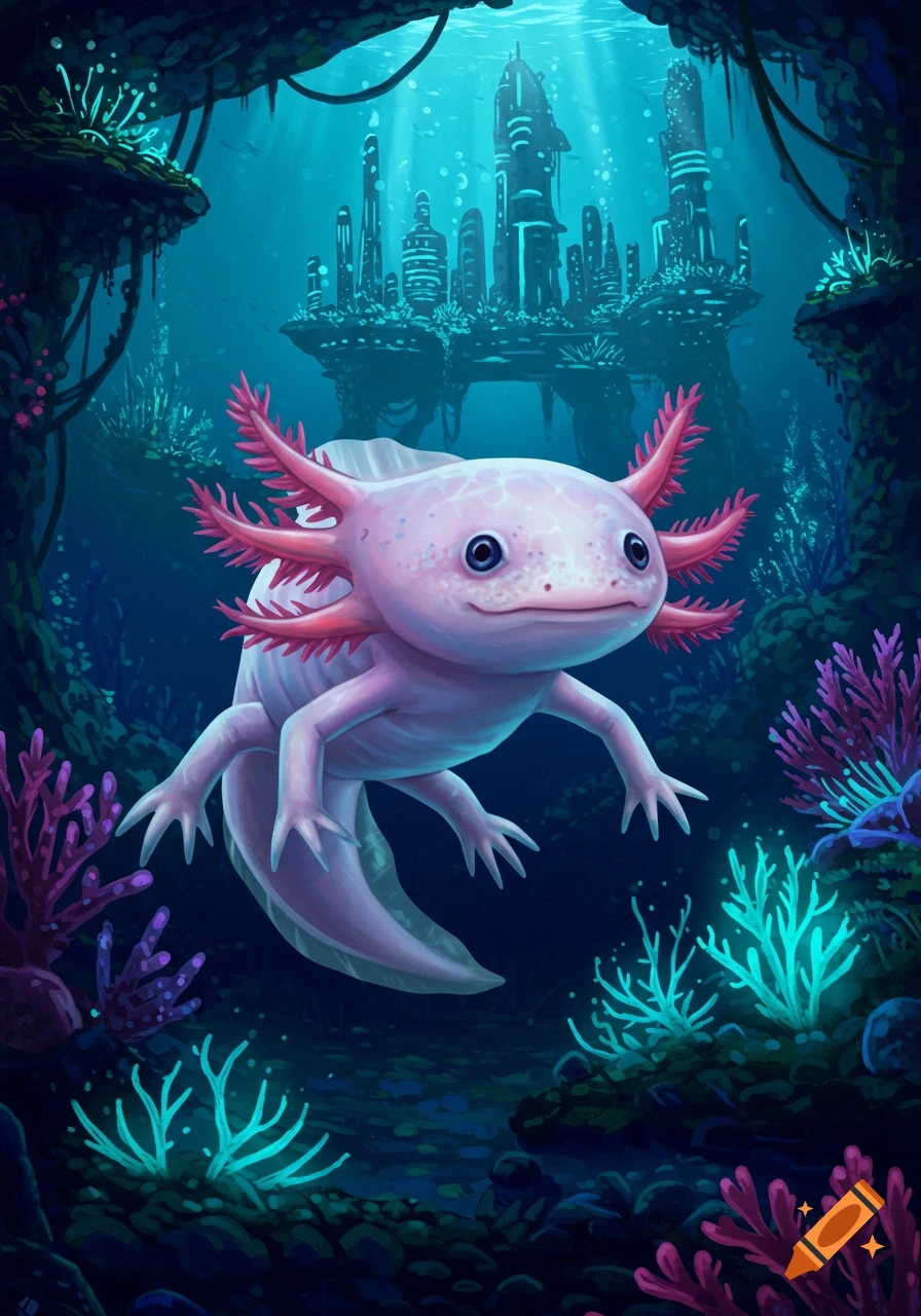 A cute pink axolotl swims underwater in front of a futuristic glowing city.