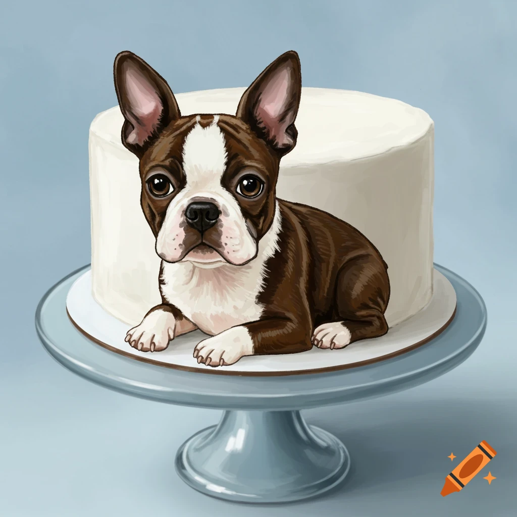 A Boston terrier dog sits on a white cake on a blue cake stand.