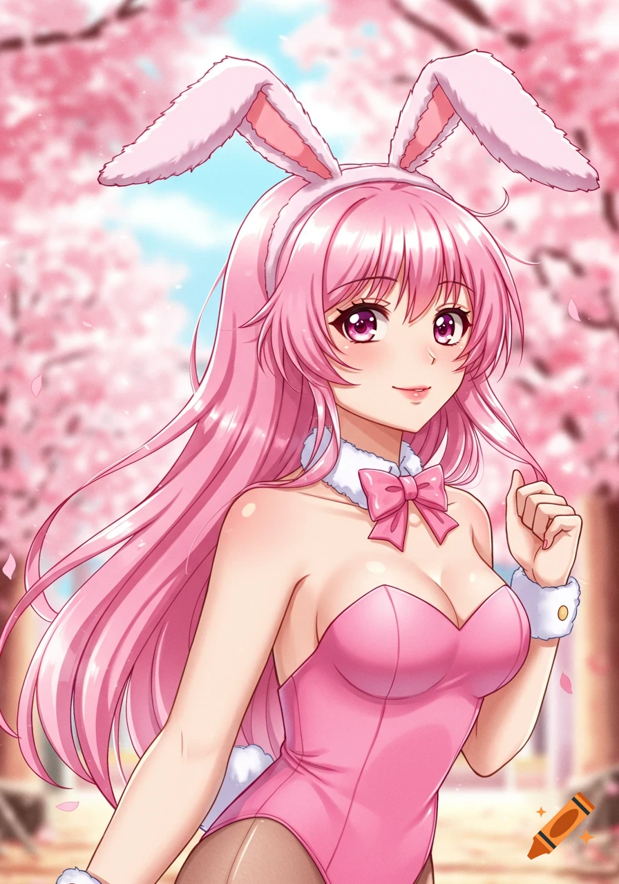 Anime woman with pink hair in a pink bunny suit among cherry blossoms