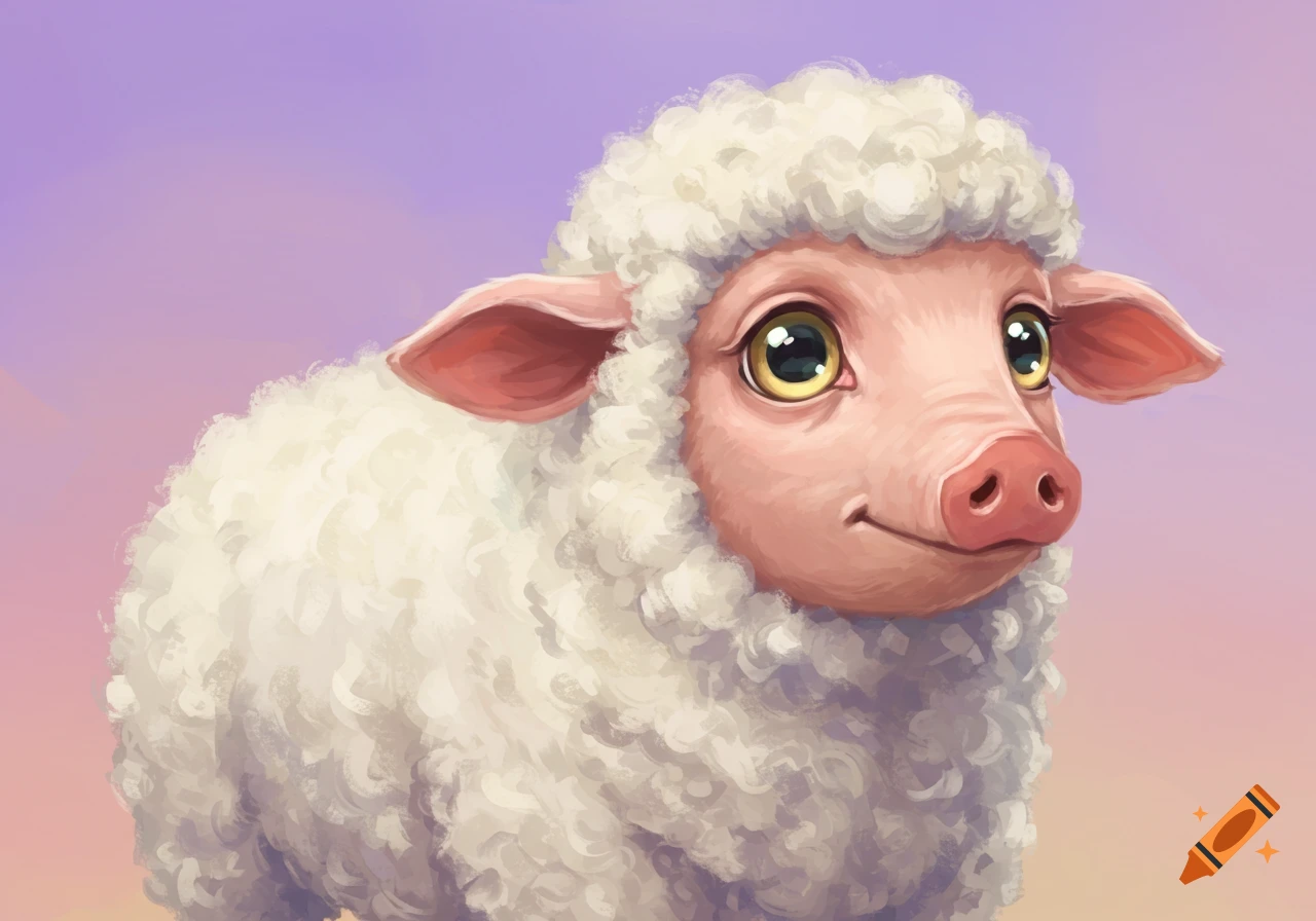 An illustration of a cute sheep and pig hybrid creature with big eyes.