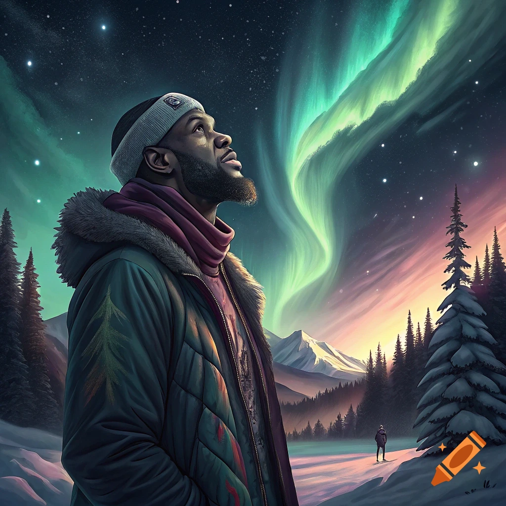A person in a winter coat and beanie looks up at the green aurora borealis over a snowy landscape with mountains and trees.