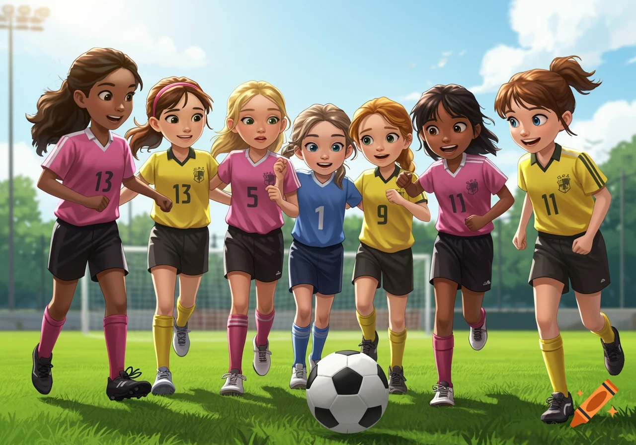Cartoon illustration of a young girls soccer team running on a field with a ball.