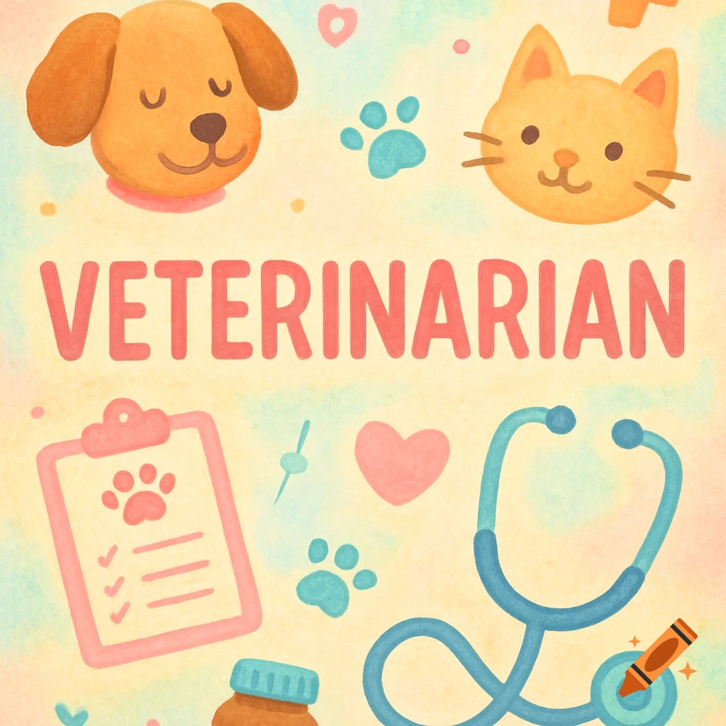 Watercolor illustration with a dog, cat, stethoscope, clipboard, and the word VETERINARIAN.