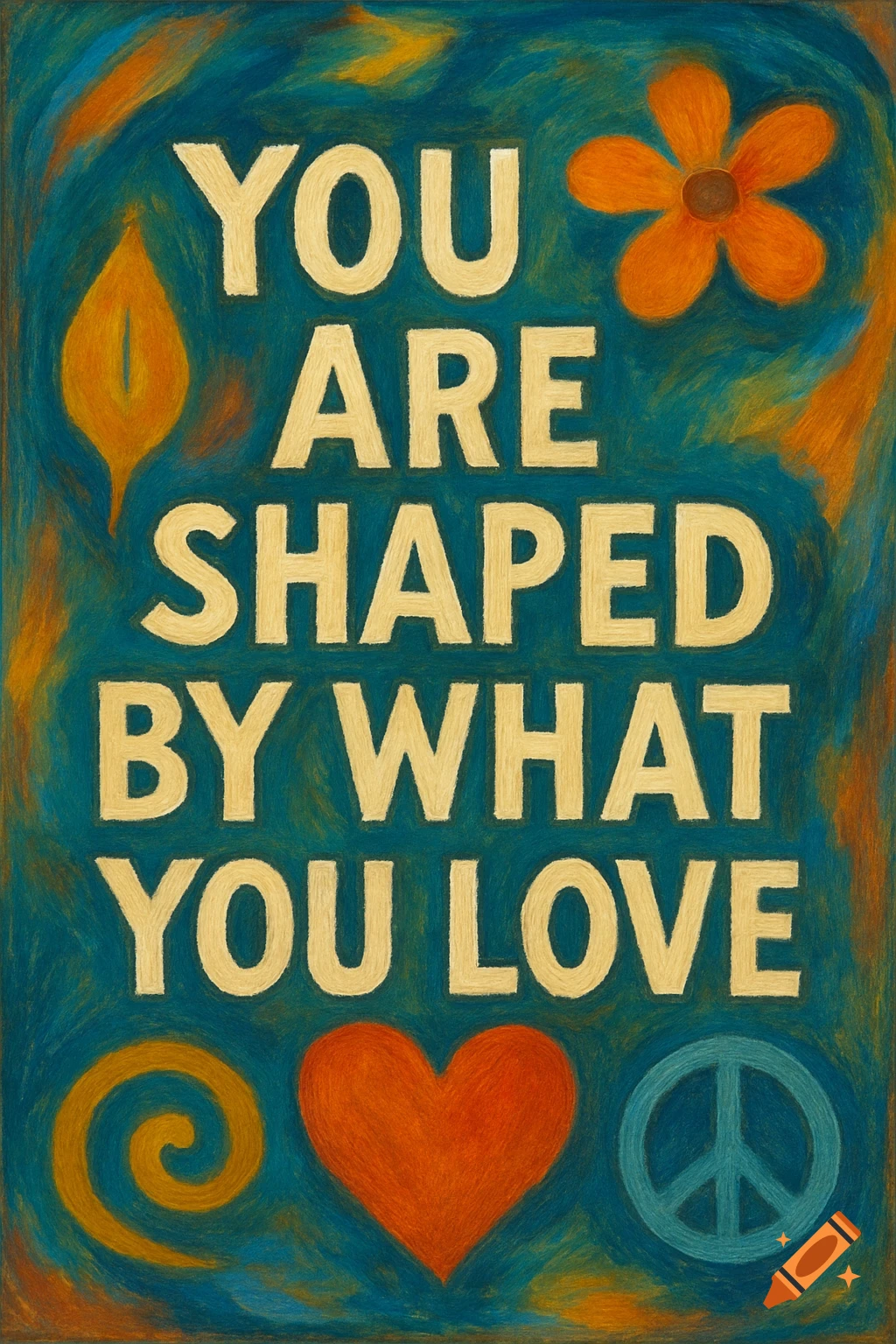 Colorful poster art with the text 'You are shaped by what you love', a heart, peace sign, and flower.