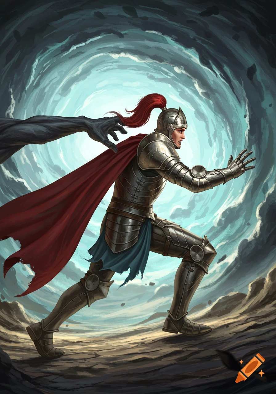 A fantasy knight in shining armor runs from a monstrous dark hand against a swirling portal background.