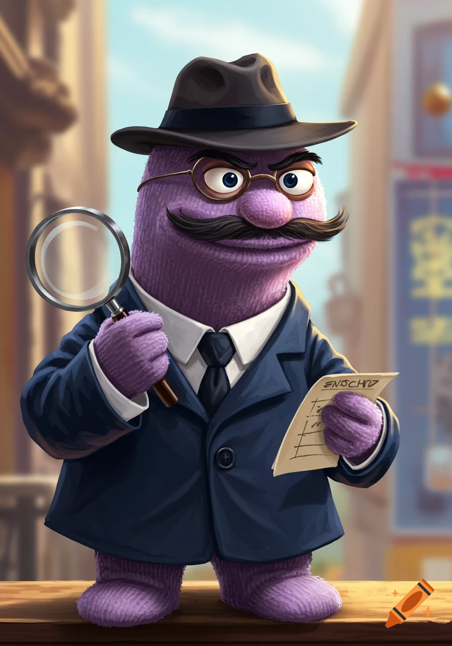 A purple sock puppet dressed as a detective holds a magnifying glass and a note.