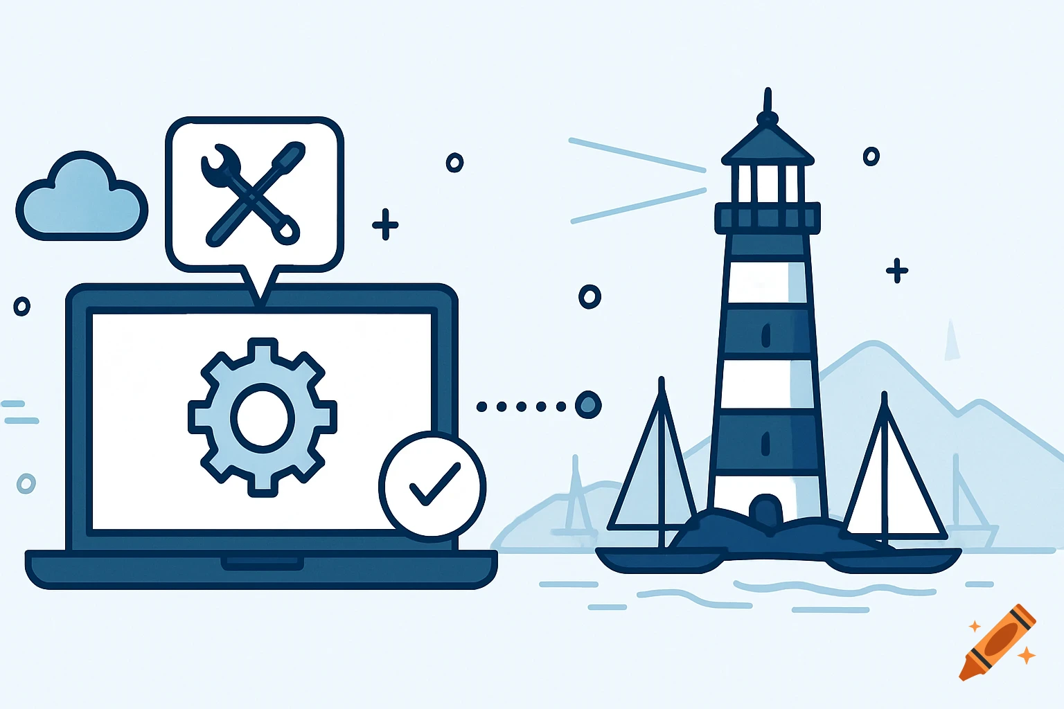 Illustration of a laptop with IT symbols and a lighthouse with sailboats.
