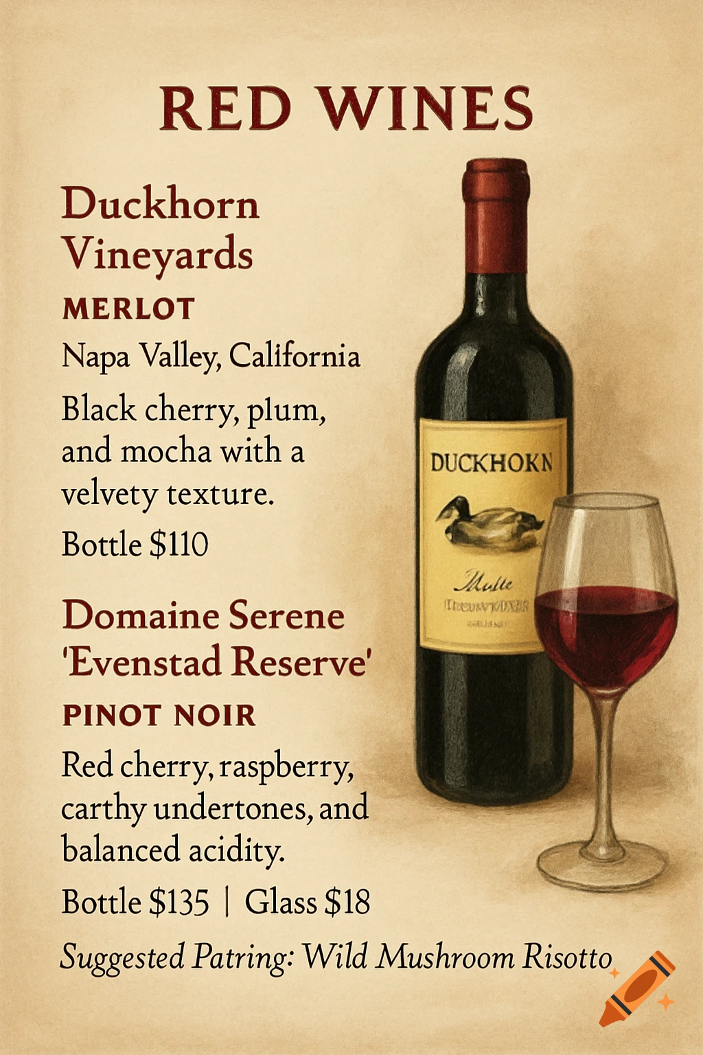 A menu lists red wines (Merlot, Pinot Noir) with descriptions and prices, next to a bottle of wine and a glass of red wine.
