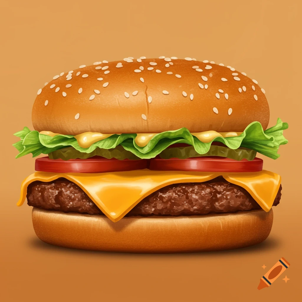 A detailed illustration of a classic cheeseburger with sesame seed bun, lettuce, pickles, tomatoes, cheese, and patty.