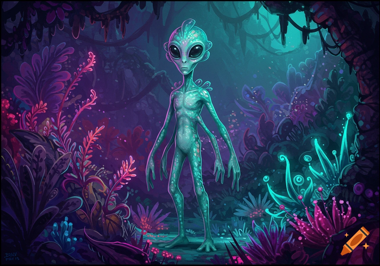 A teal-skinned alien with four arms stands in a glowing alien jungle filled with pink and purple plants.