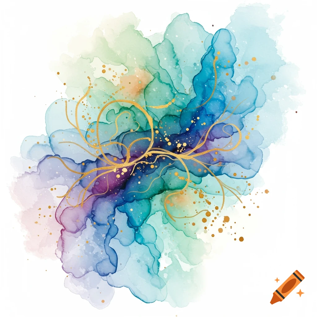 Abstract watercolor art with blue, green, and purple washes, gold splatters, and swirling gold lines.
