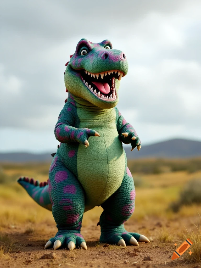 Person in a purple and green dinosaur costume stands in a desert landscape