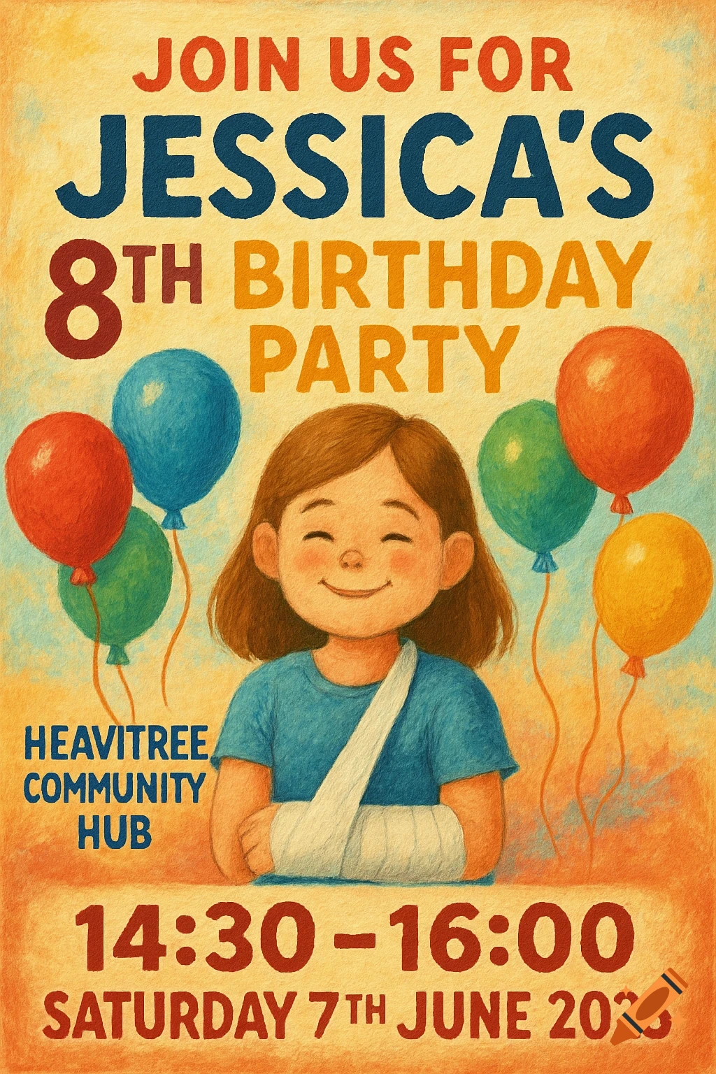 Cartoon invitation poster for a girl's 8th birthday party, showing a girl with a broken arm, balloons, and party details.