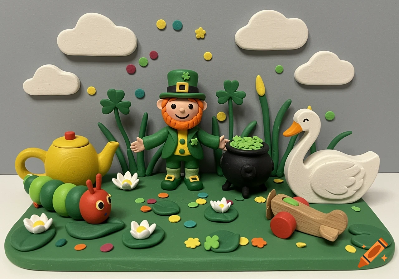 Clay model diorama featuring a leprechaun, caterpillar, swan, teapot, cauldron, and airplane on a green base with lily pads, shamrocks, and clouds.