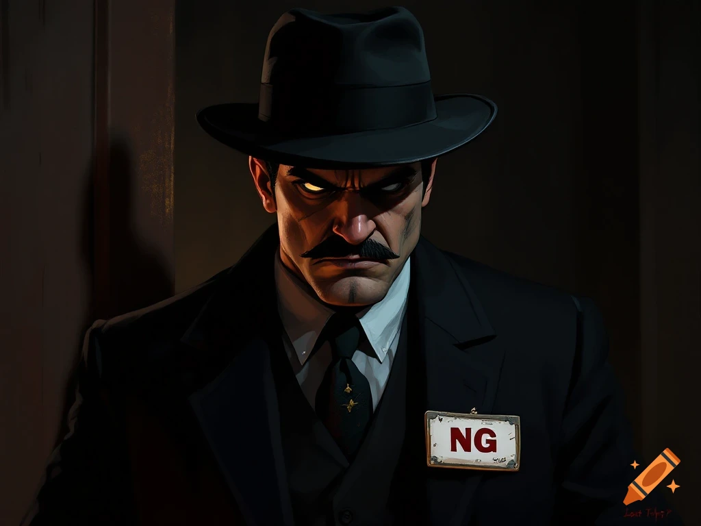 Illustration of a menacing man in a fedora and suit, wearing a name badge.
