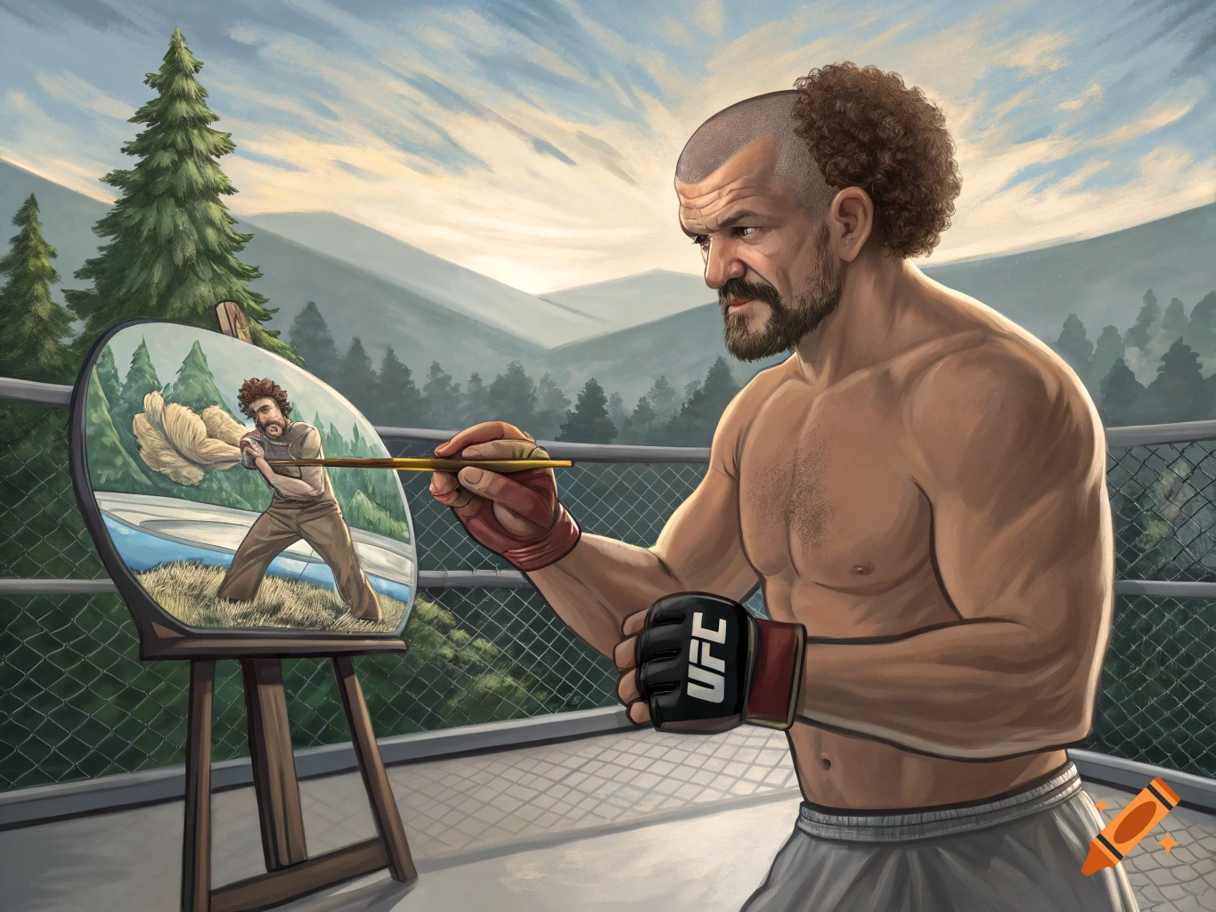 UFC fighter Chuck Liddell painting a picture of himself fighting in a landscape.