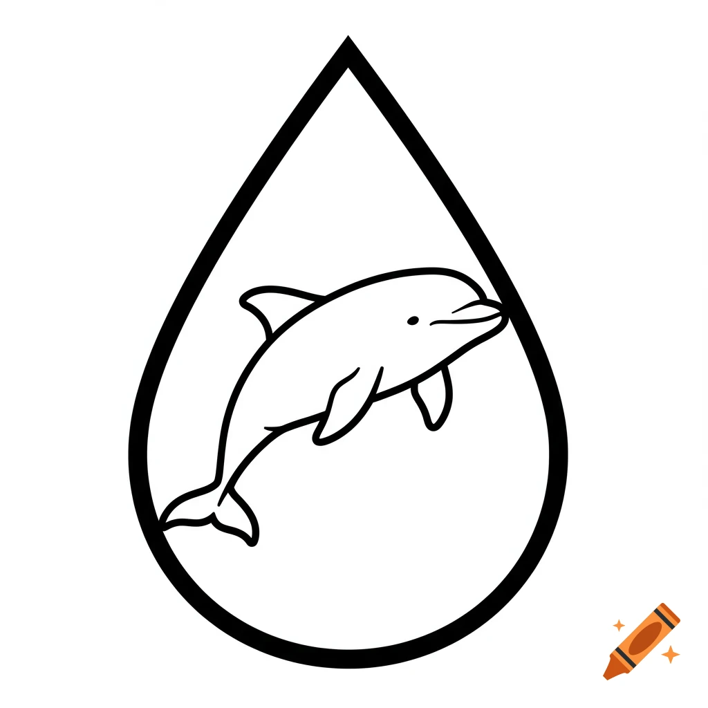 Outline drawing of a dolphin inside a teardrop shape.