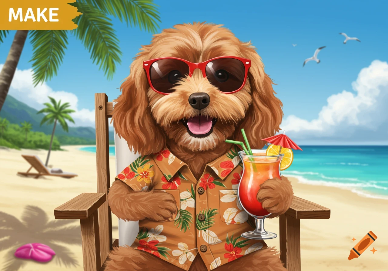An illustration of a dog wearing sunglasses and a Hawaiian shirt ...