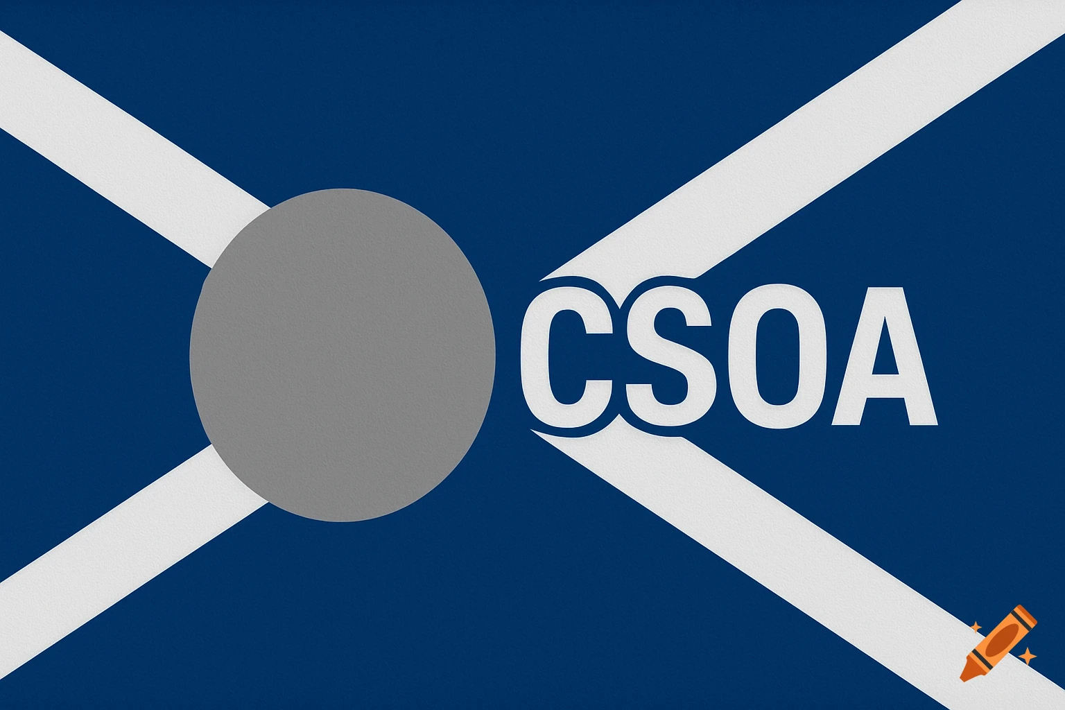 A blue flag or logo with a white diagonal cross, a gray circle, and the text CSOA.