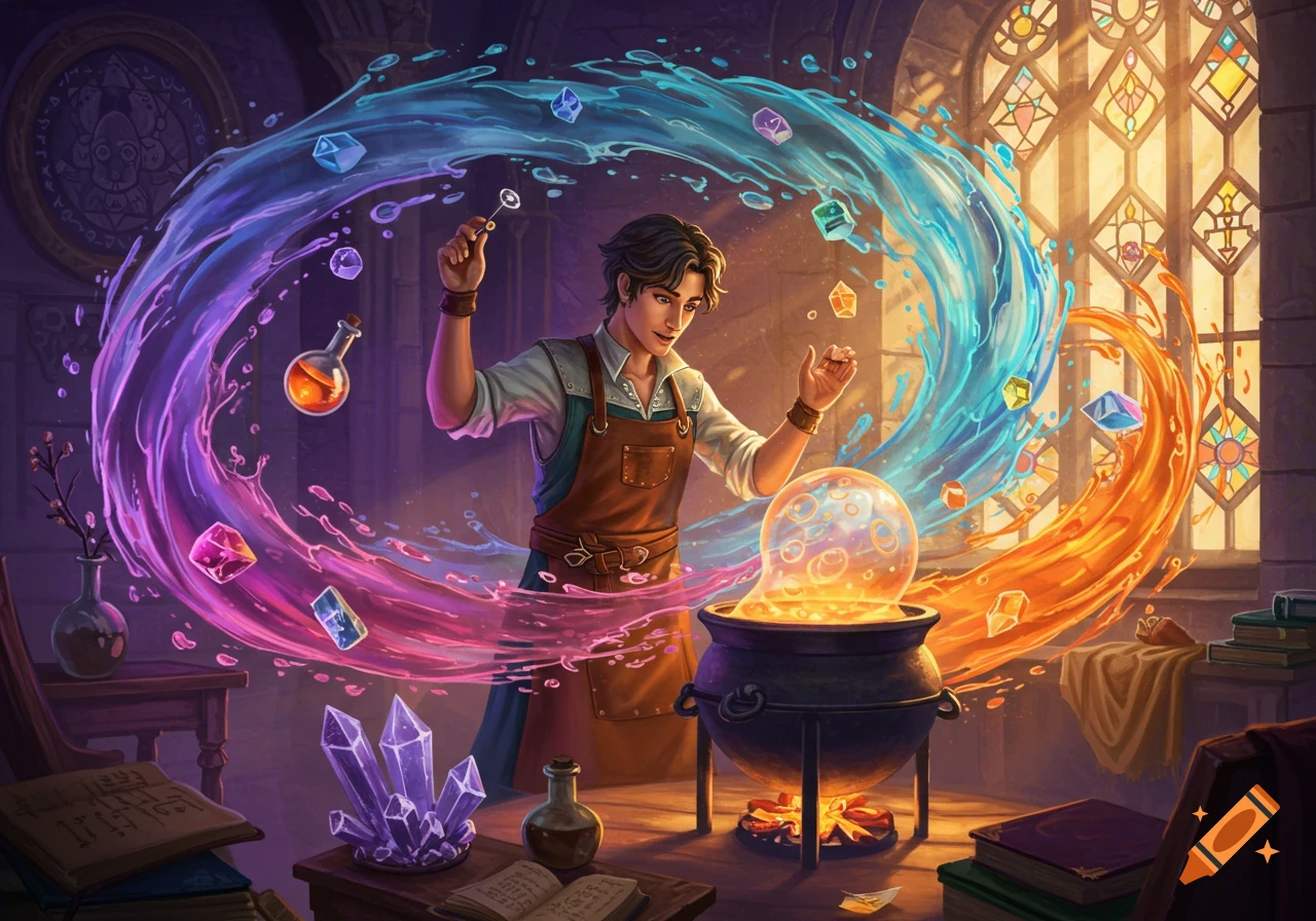A man performs alchemy in a fantasy setting, stirring a bubbling cauldron surrounded by swirling magical liquids and floating crystals.