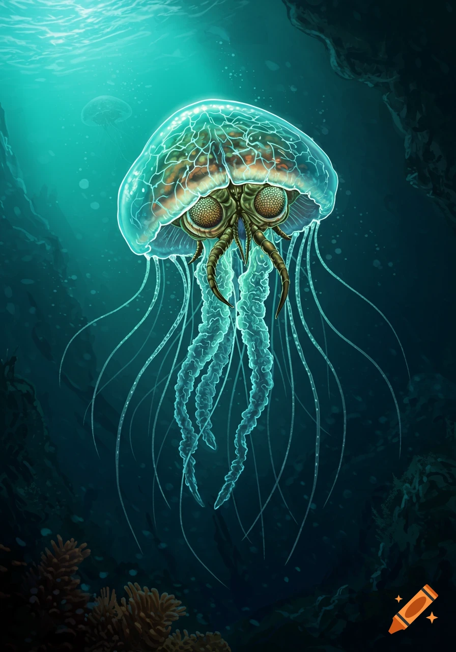 Illustrative alien-like jellyfish creature with glowing veins and hexagonal eyes underwater