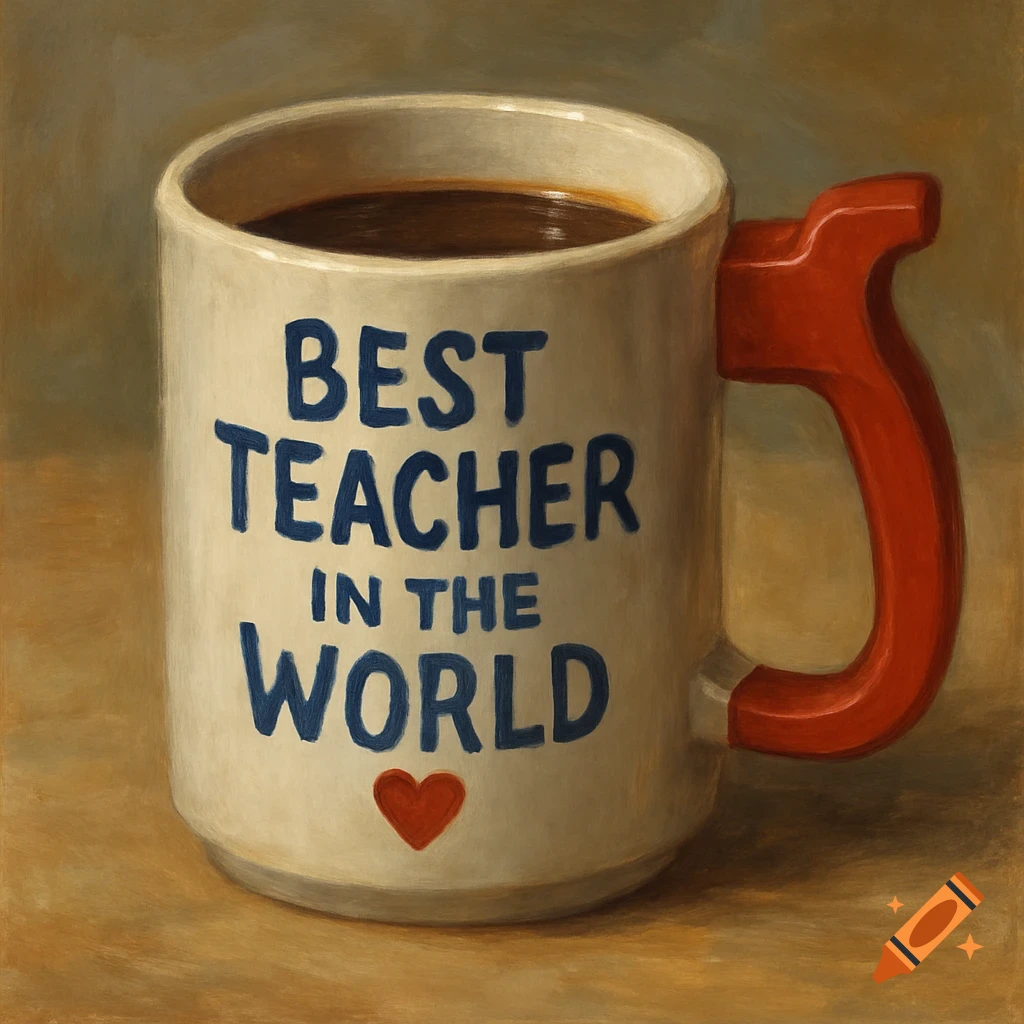 Painting of a white mug with red trigger handle that says "BEST TEACHER IN THE WORLD"