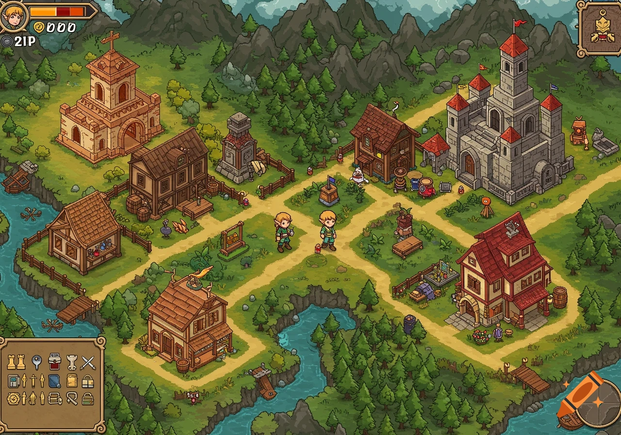 Isometric fantasy village with buildings, elves, river, and UI, 32-bit style.