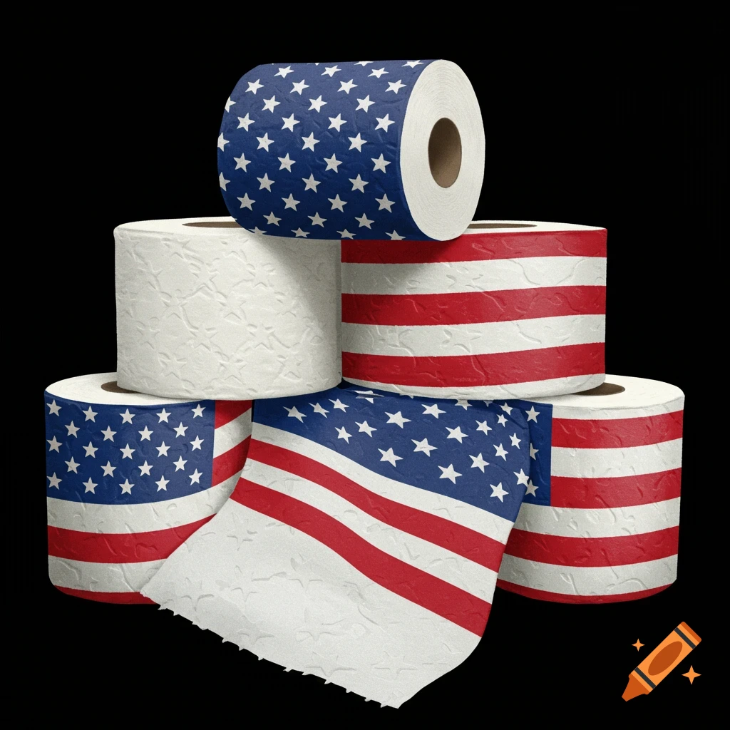 Stack of toilet paper rolls with American flag pattern.