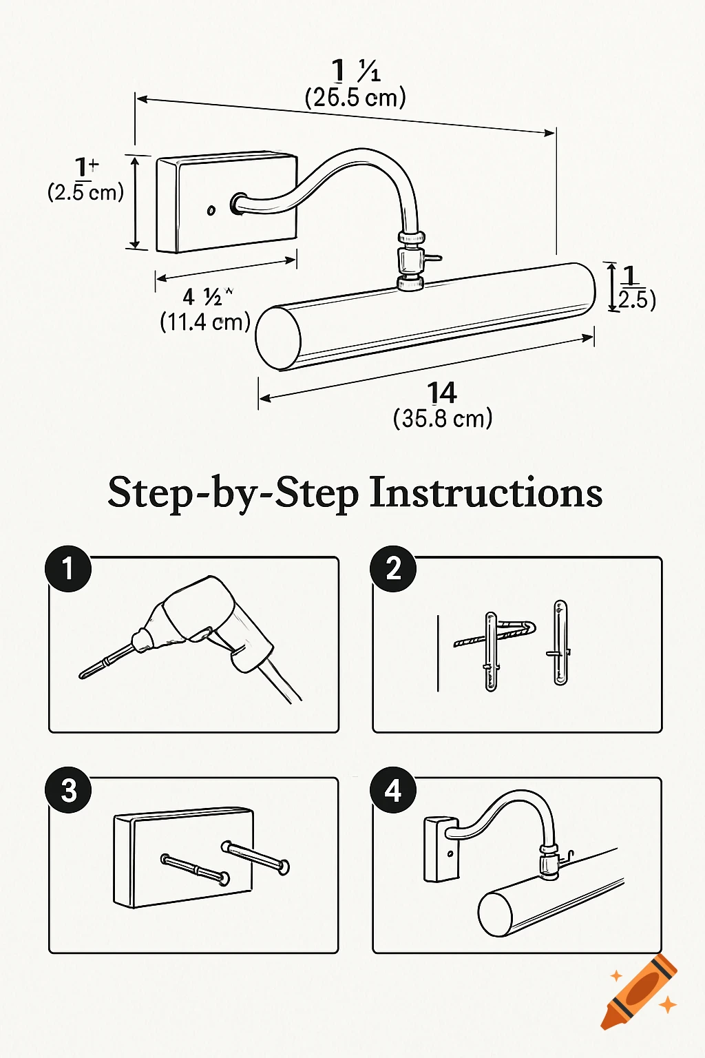 Technical drawing showing dimensions of a picture light and four illustrated steps for installation.