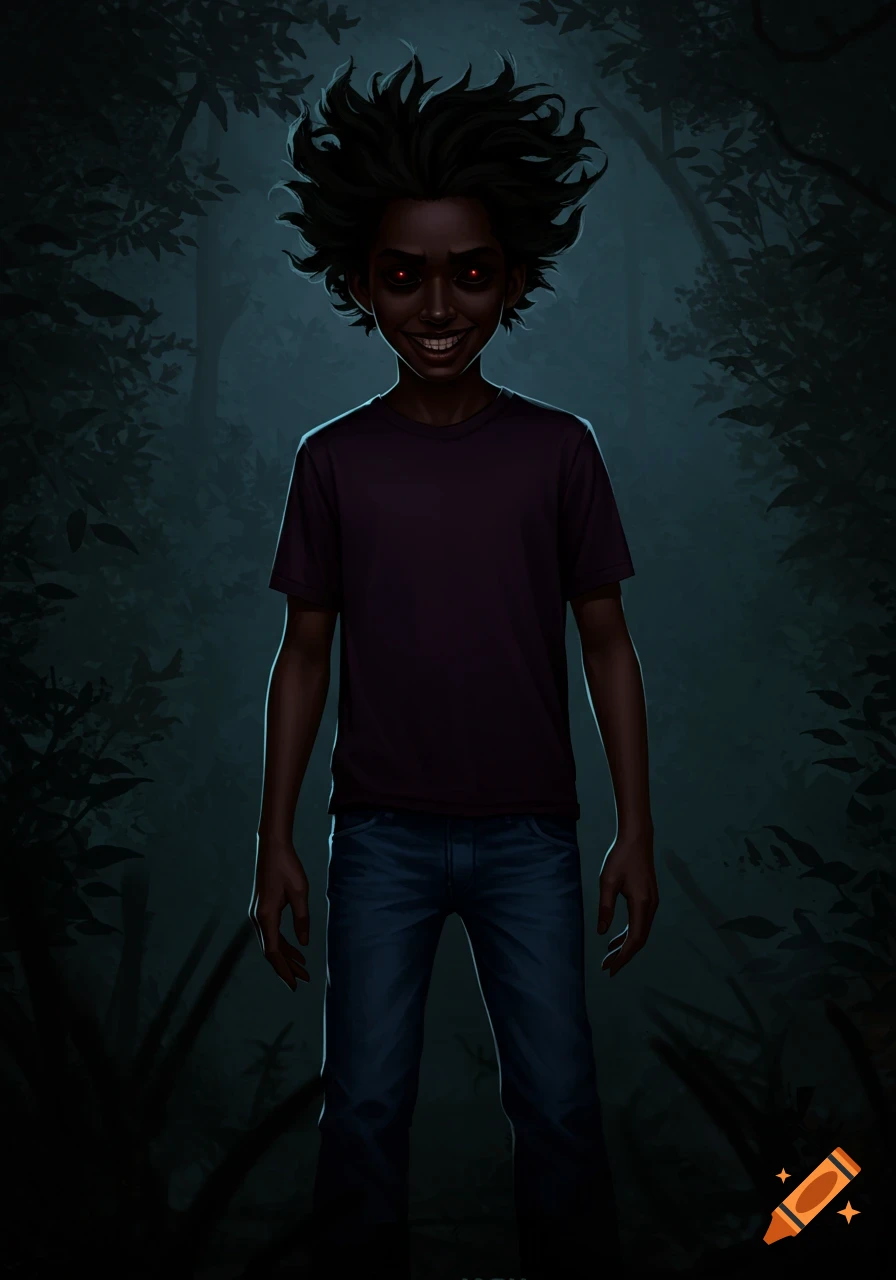 Dark illustration of a young man with red eyes and grinning in a misty ...