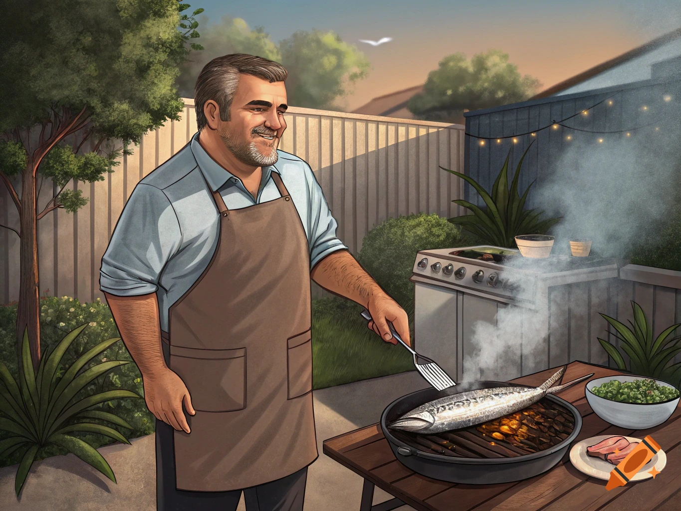 An illustration of a man grilling a fish on a barbecue in a backyard.